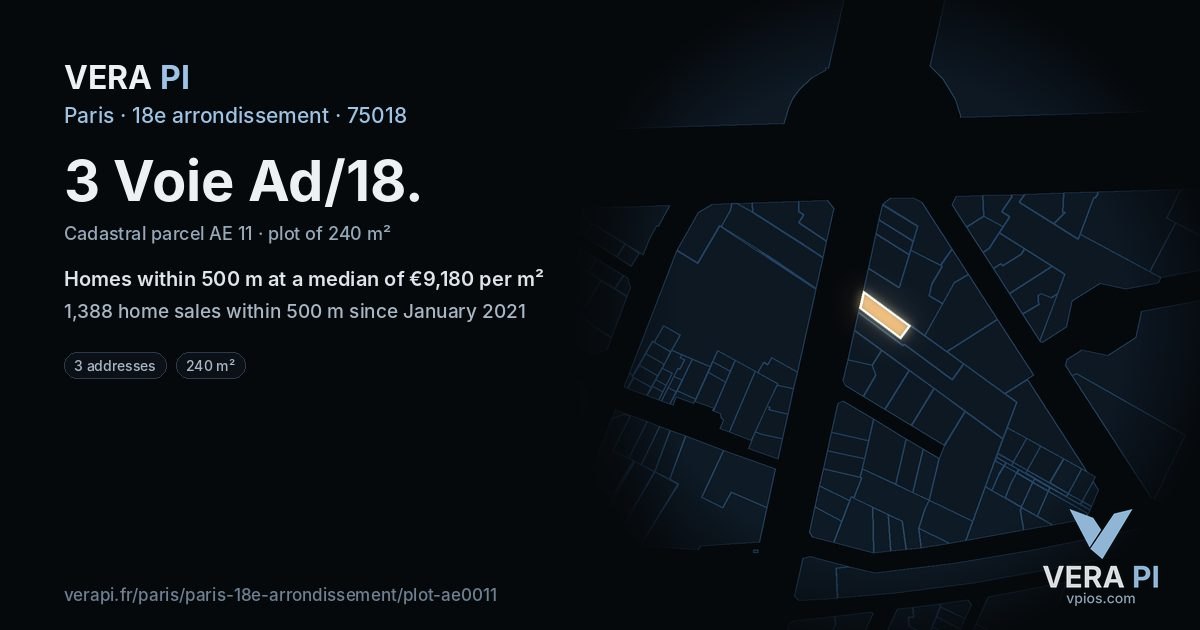 3 Voie Ad/18, 18e arrondissement at night – the plot lit, the parcels around coloured by the prices near them