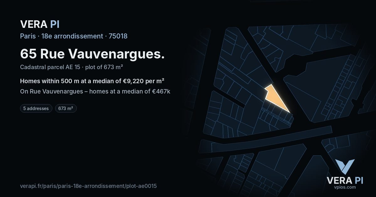 65 Rue Vauvenargues, 18e arrondissement at night – the plot lit, the parcels around coloured by the prices near them