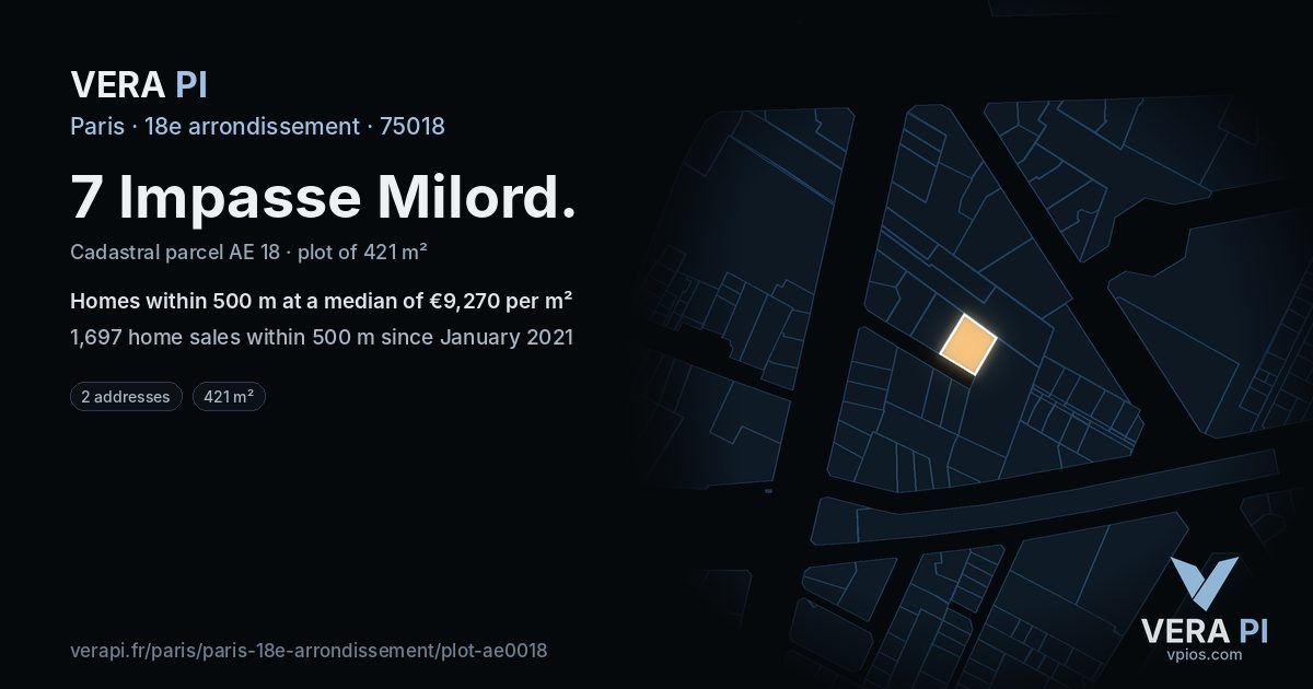 7 Impasse Milord, 18e arrondissement at night – the plot lit, the parcels around coloured by the prices near them