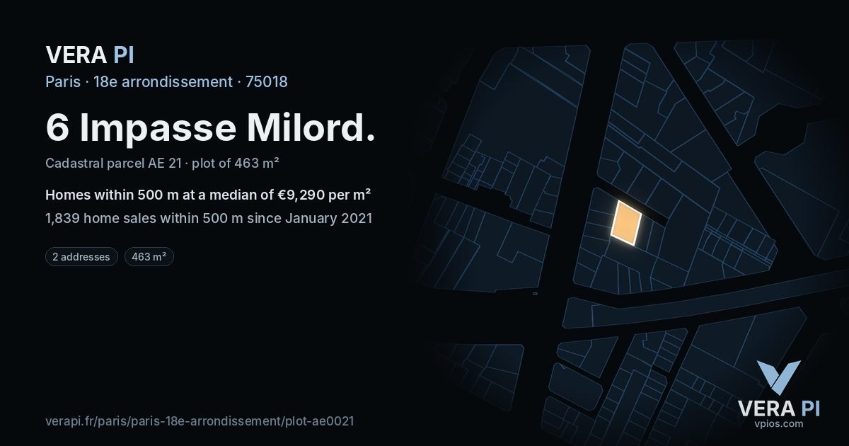 6 Impasse Milord, 18e arrondissement at night – the plot lit, the parcels around coloured by the prices near them