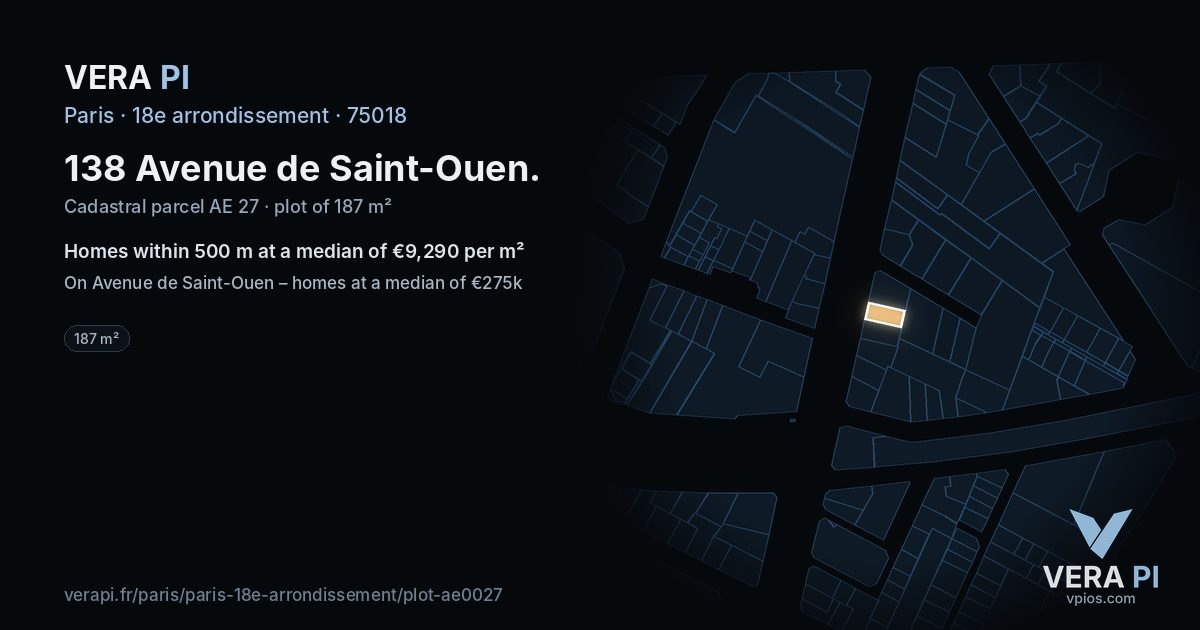 138 Avenue de Saint-Ouen, 18e arrondissement at night – the plot lit, the parcels around coloured by the prices near them