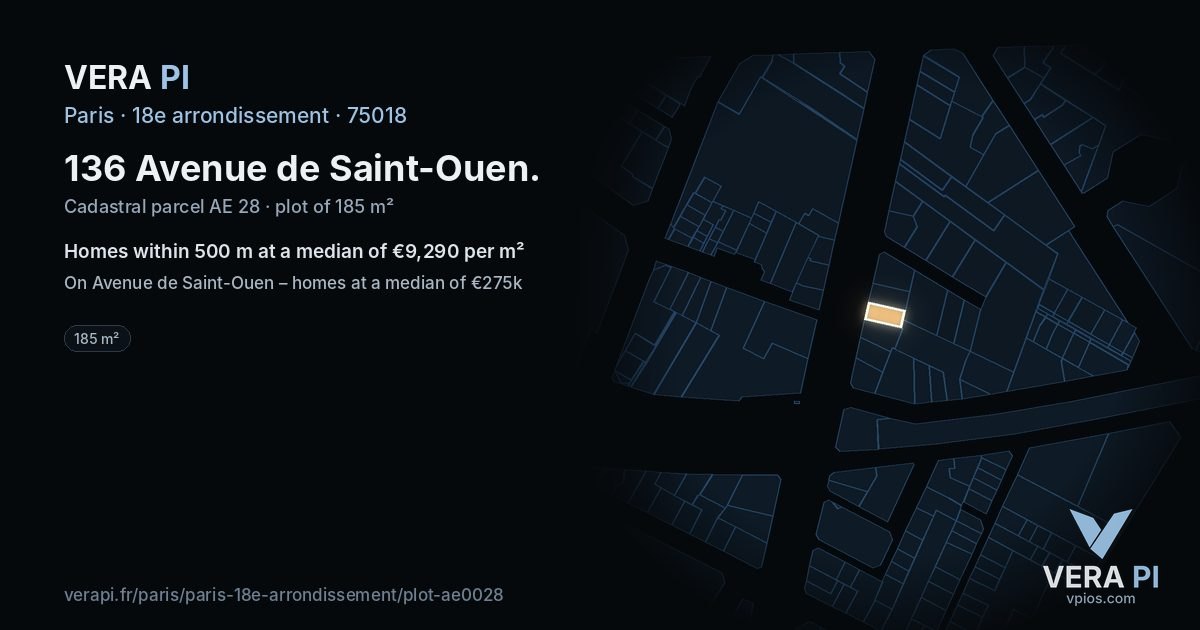 136 Avenue de Saint-Ouen, 18e arrondissement at night – the plot lit, the parcels around coloured by the prices near them