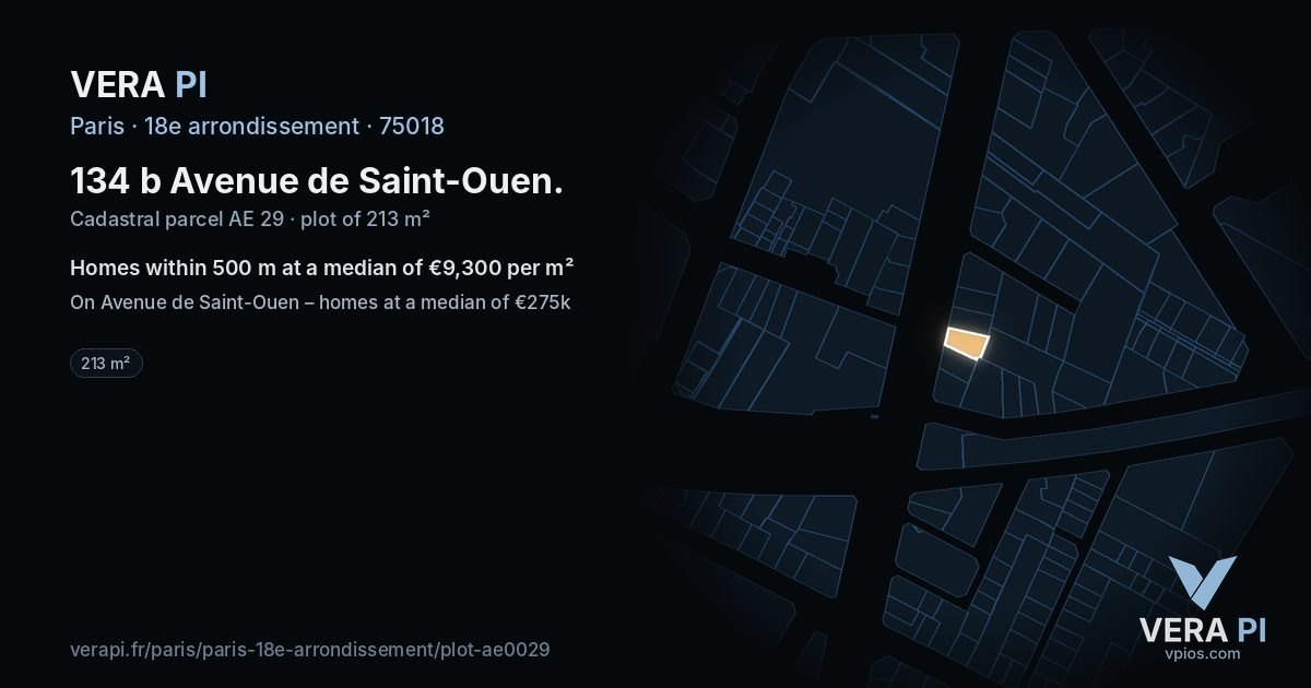 134 b Avenue de Saint-Ouen, 18e arrondissement at night – the plot lit, the parcels around coloured by the prices near them