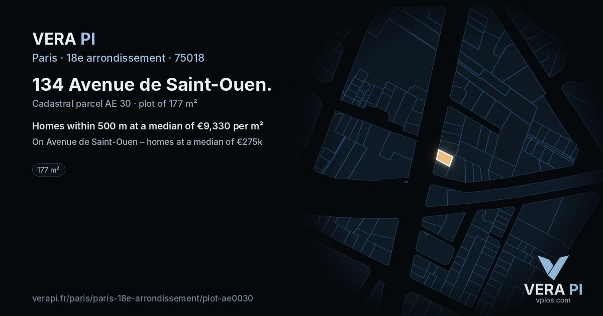 134 Avenue de Saint-Ouen, 18e arrondissement at night – the plot lit, the parcels around coloured by the prices near them
