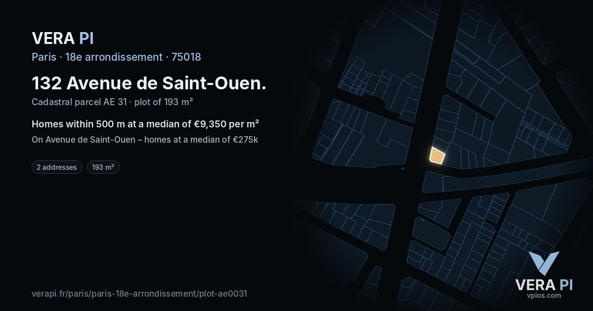 132 Avenue de Saint-Ouen, 18e arrondissement at night – the plot lit, the parcels around coloured by the prices near them