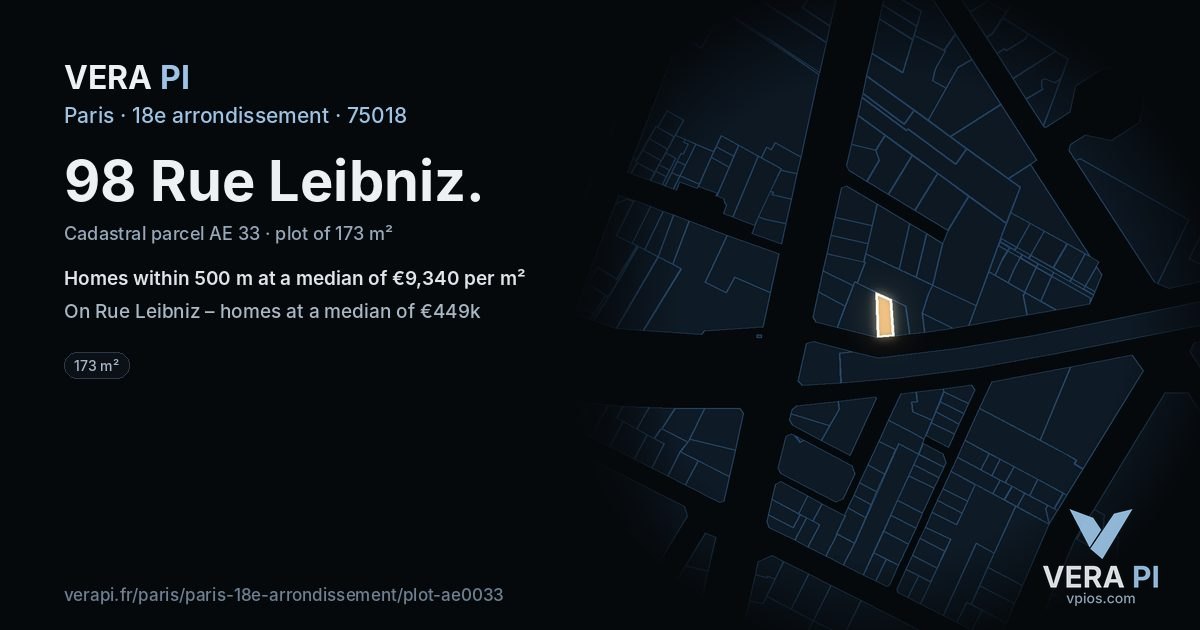 98 Rue Leibniz, 18e arrondissement at night – the plot lit, the parcels around coloured by the prices near them