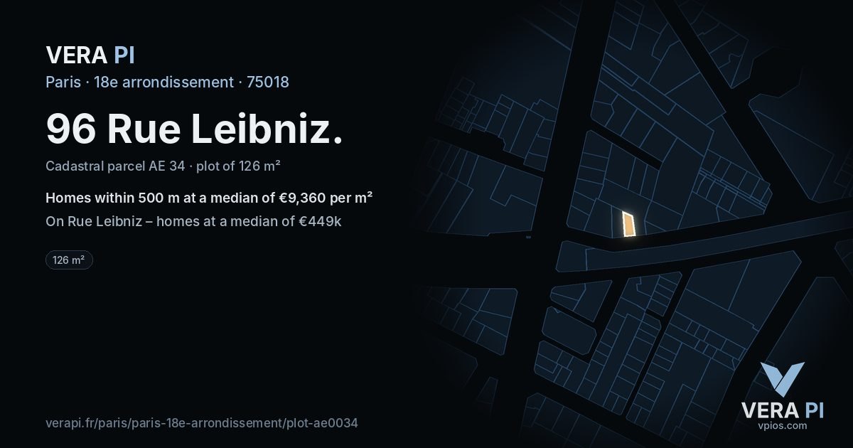 96 Rue Leibniz, 18e arrondissement at night – the plot lit, the parcels around coloured by the prices near them
