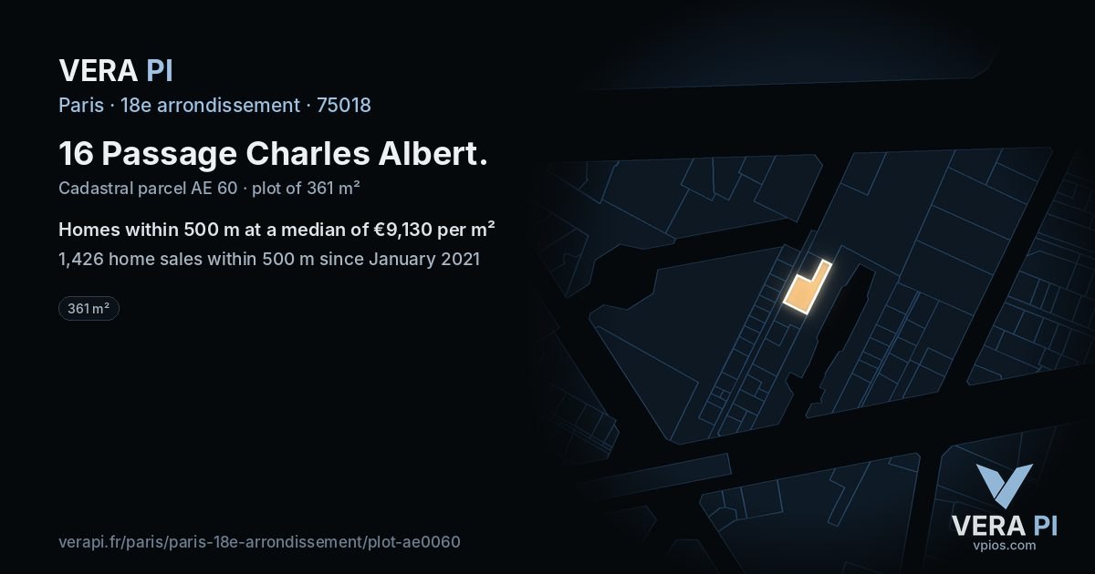 16 Passage Charles Albert, 18e arrondissement at night – the plot lit, the parcels around coloured by the prices near them