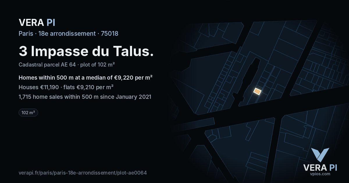 3 Impasse du Talus, 18e arrondissement at night – the plot lit, the parcels around coloured by the prices near them
