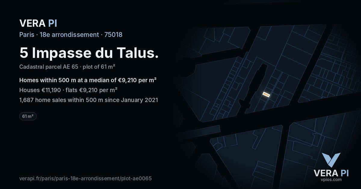 5 Impasse du Talus, 18e arrondissement at night – the plot lit, the parcels around coloured by the prices near them