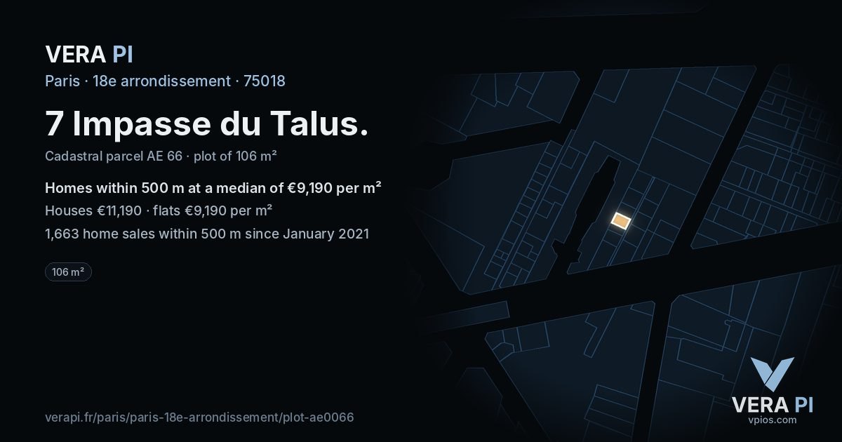 7 Impasse du Talus, 18e arrondissement at night – the plot lit, the parcels around coloured by the prices near them