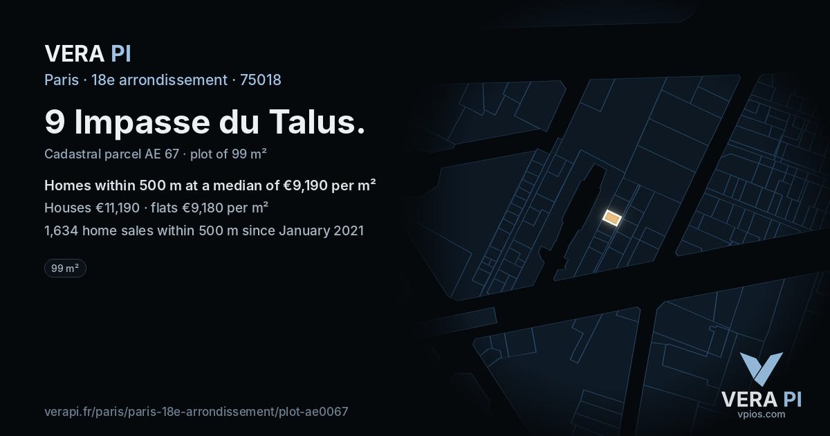 9 Impasse du Talus, 18e arrondissement at night – the plot lit, the parcels around coloured by the prices near them