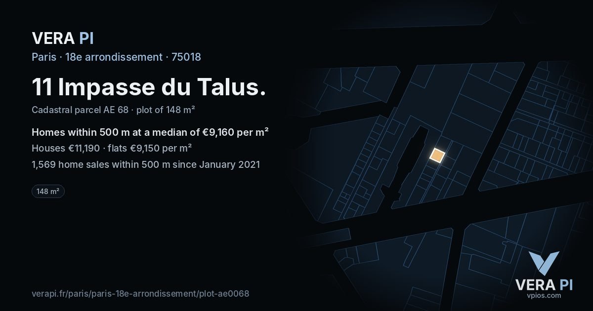 11 Impasse du Talus, 18e arrondissement at night – the plot lit, the parcels around coloured by the prices near them