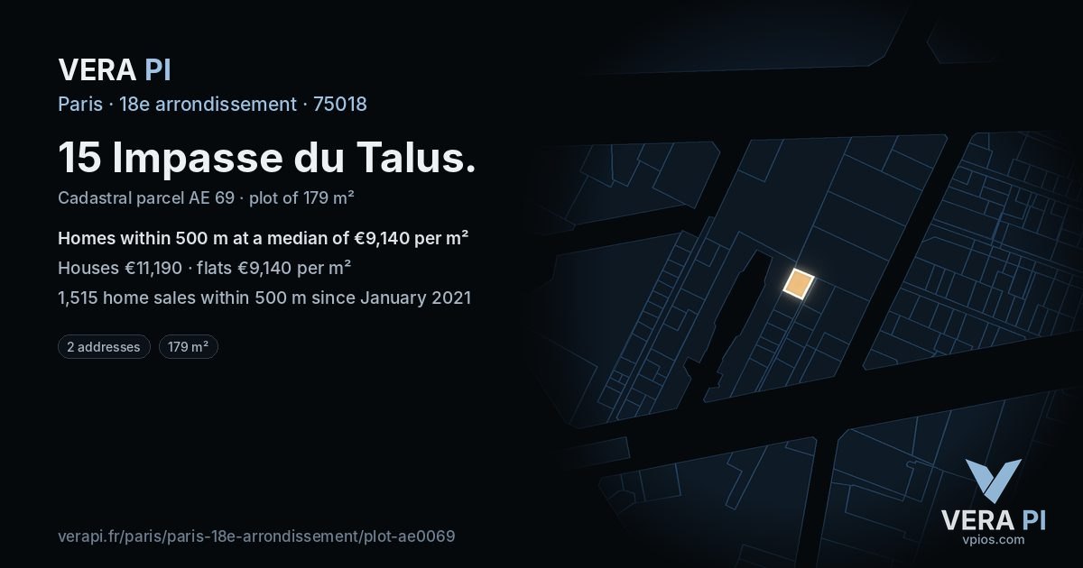 15 Impasse du Talus, 18e arrondissement at night – the plot lit, the parcels around coloured by the prices near them