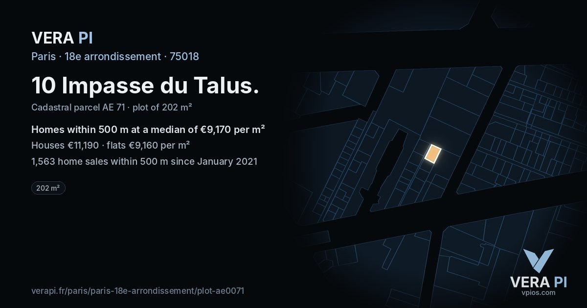 10 Impasse du Talus, 18e arrondissement at night – the plot lit, the parcels around coloured by the prices near them