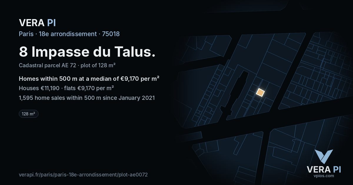 8 Impasse du Talus, 18e arrondissement at night – the plot lit, the parcels around coloured by the prices near them