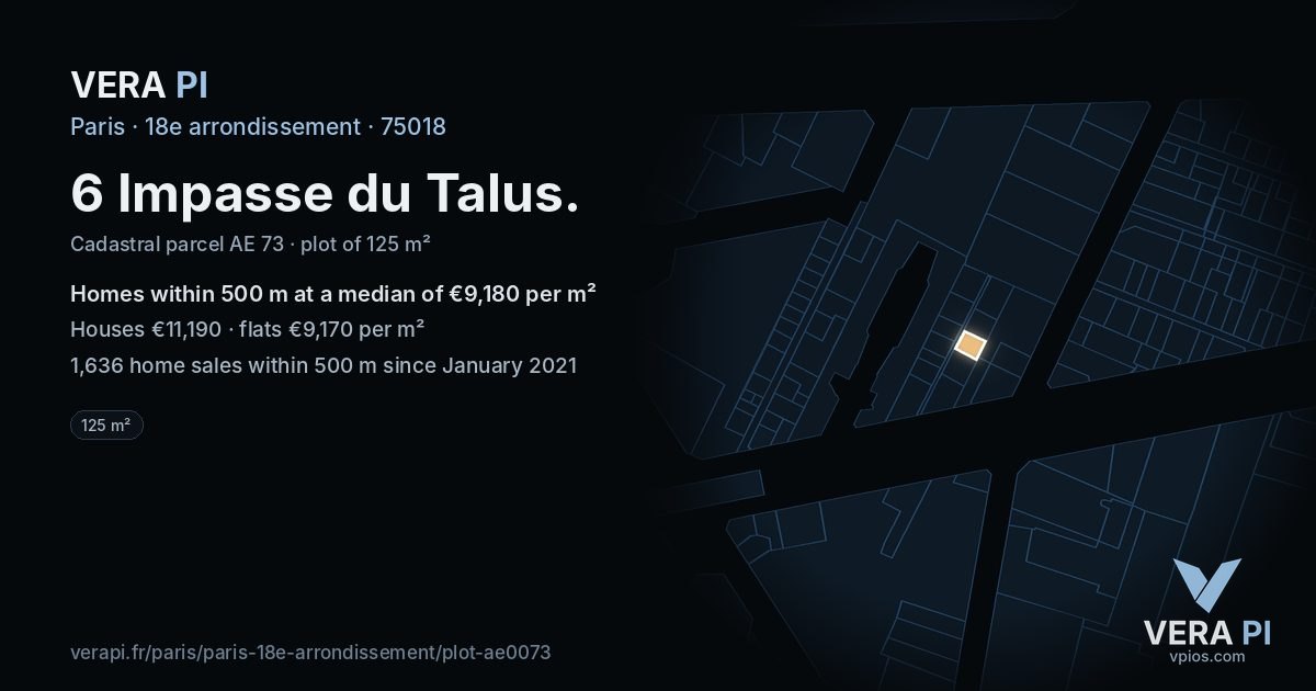 6 Impasse du Talus, 18e arrondissement at night – the plot lit, the parcels around coloured by the prices near them