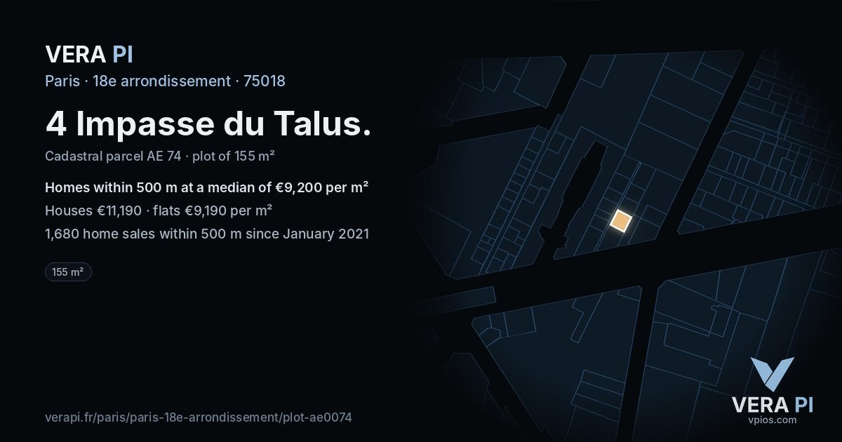 4 Impasse du Talus, 18e arrondissement at night – the plot lit, the parcels around coloured by the prices near them