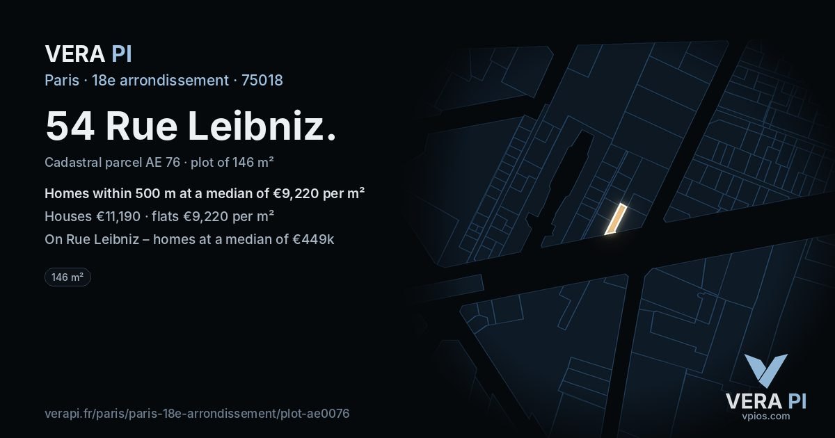 54 Rue Leibniz, 18e arrondissement at night – the plot lit, the parcels around coloured by the prices near them