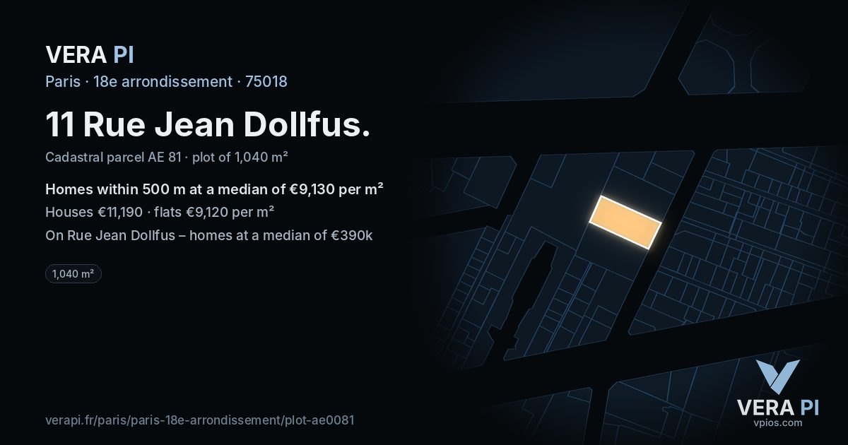 11 Rue Jean Dollfus, 18e arrondissement at night – the plot lit, the parcels around coloured by the prices near them