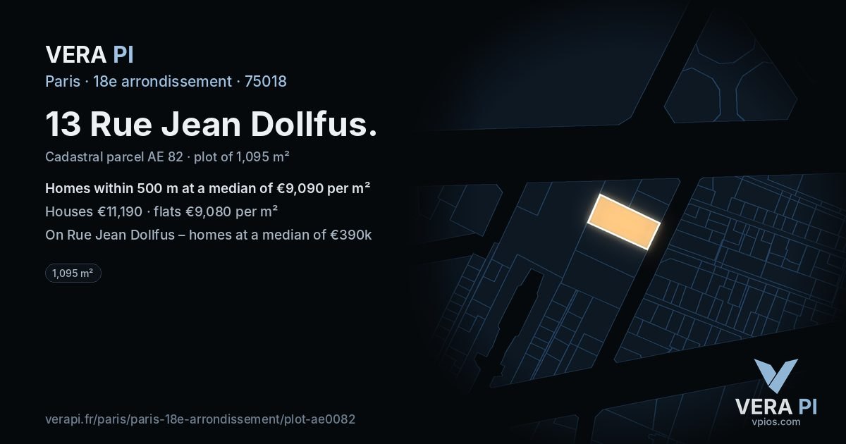 13 Rue Jean Dollfus, 18e arrondissement at night – the plot lit, the parcels around coloured by the prices near them