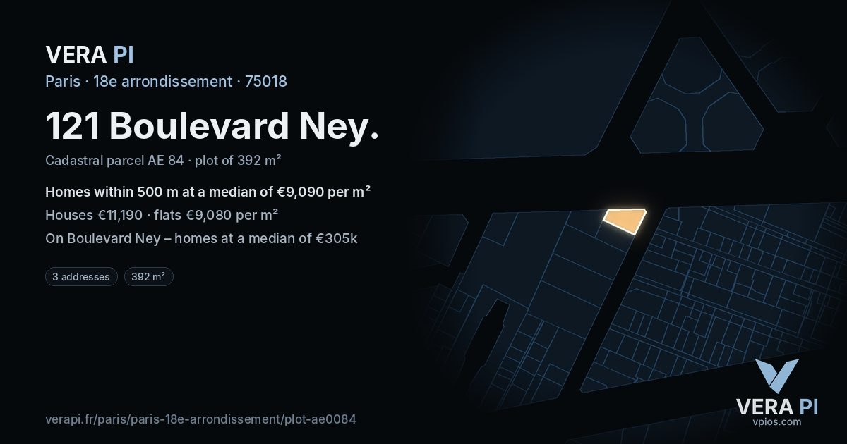 121 Boulevard Ney, 18e arrondissement at night – the plot lit, the parcels around coloured by the prices near them