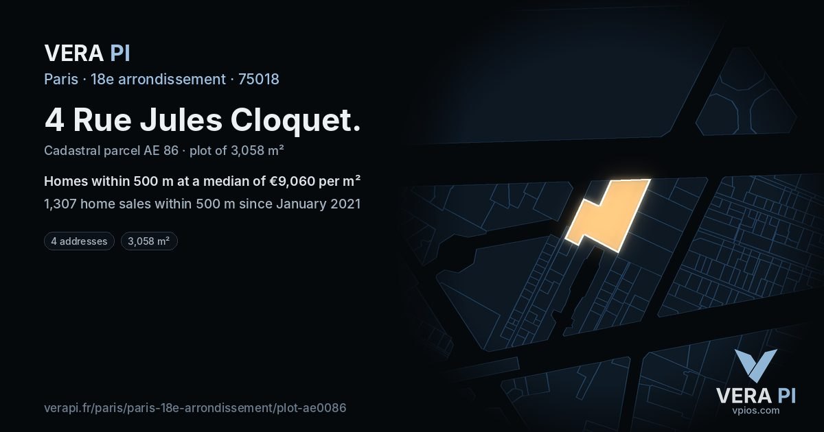 4 Rue Jules Cloquet, 18e arrondissement at night – the plot lit, the parcels around coloured by the prices near them