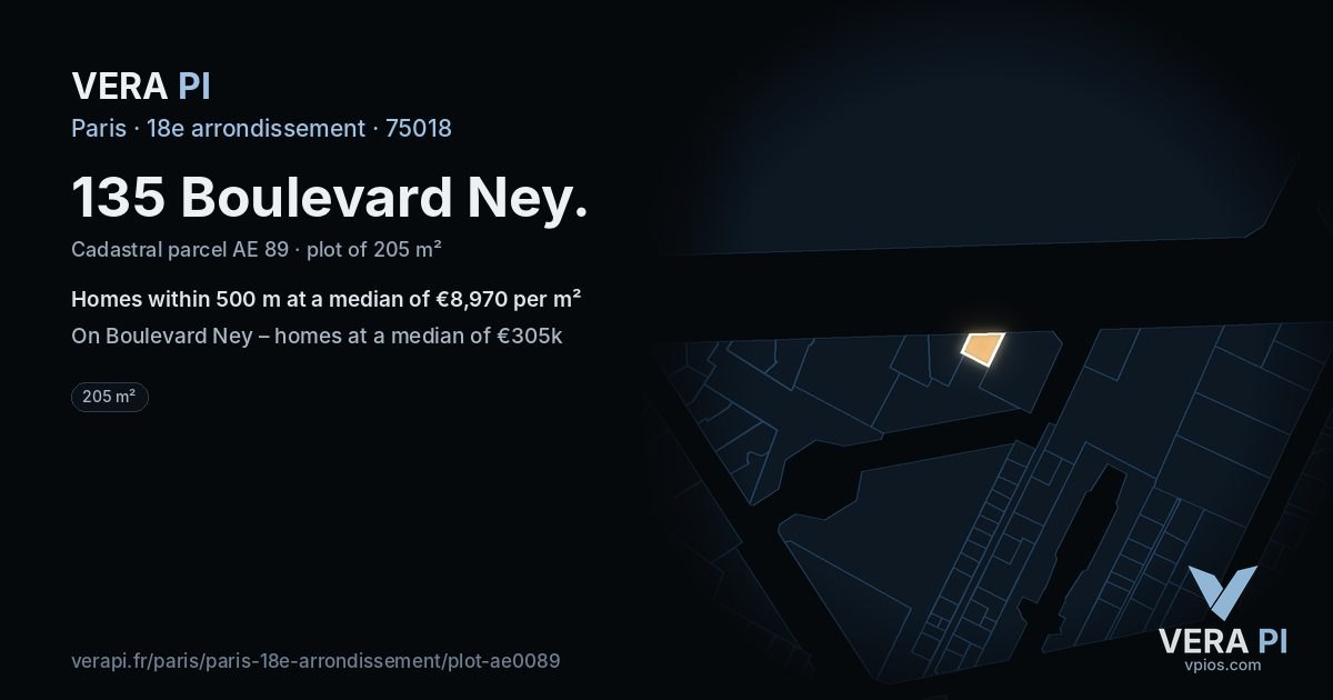 135 Boulevard Ney, 18e arrondissement at night – the plot lit, the parcels around coloured by the prices near them