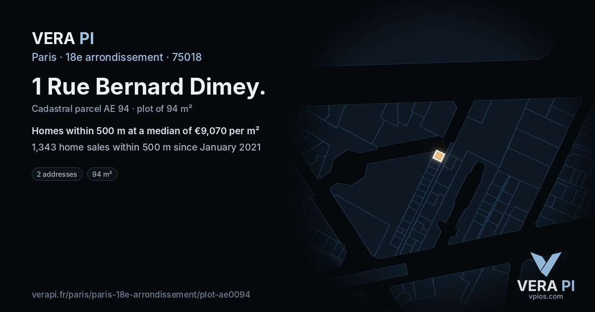 1 Rue Bernard Dimey, 18e arrondissement at night – the plot lit, the parcels around coloured by the prices near them