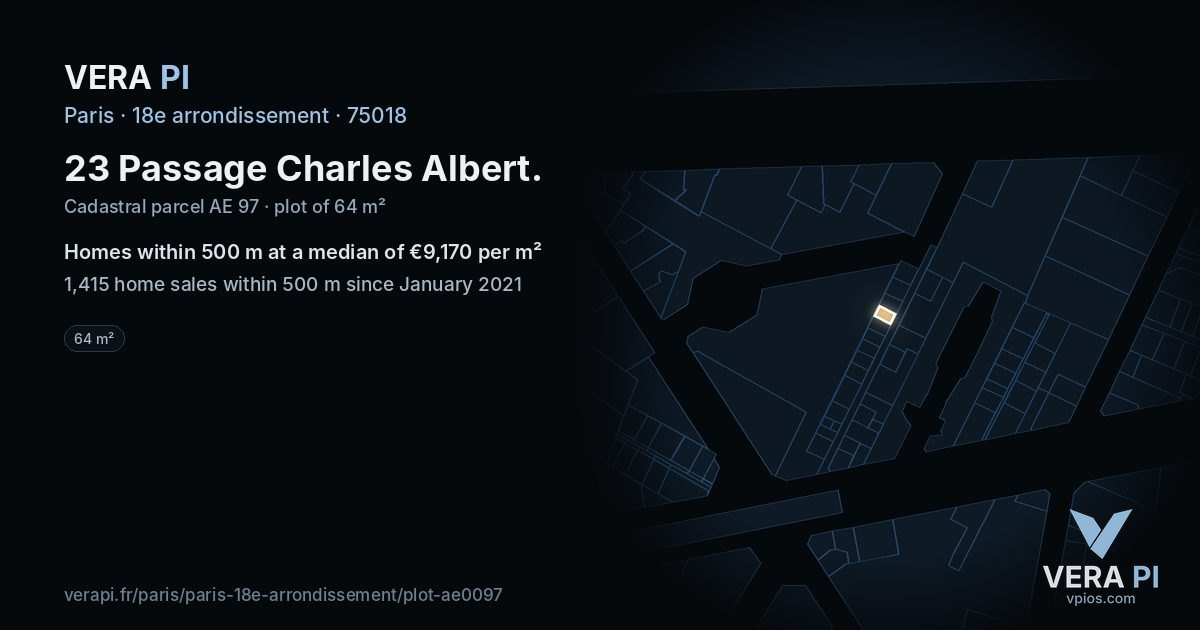 23 Passage Charles Albert, 18e arrondissement at night – the plot lit, the parcels around coloured by the prices near them