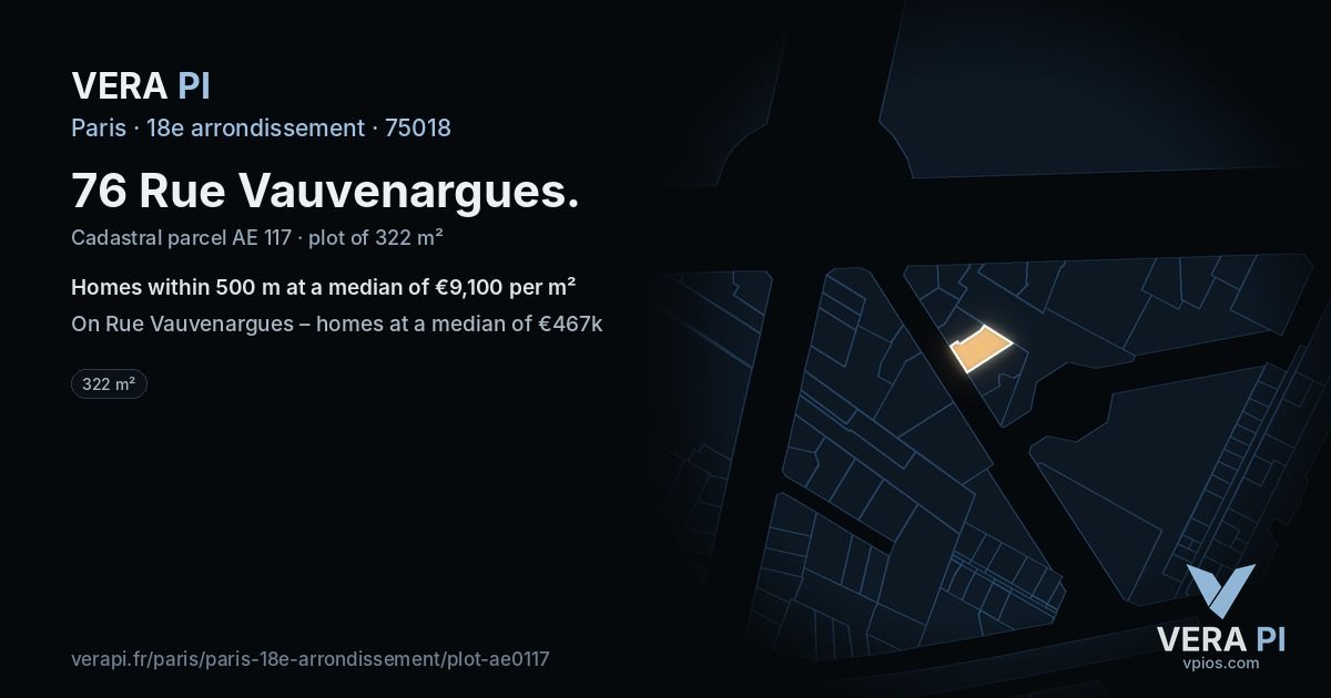 76 Rue Vauvenargues, 18e arrondissement at night – the plot lit, the parcels around coloured by the prices near them