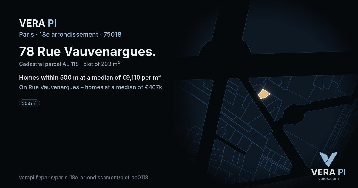 78 Rue Vauvenargues, 18e arrondissement at night – the plot lit, the parcels around coloured by the prices near them