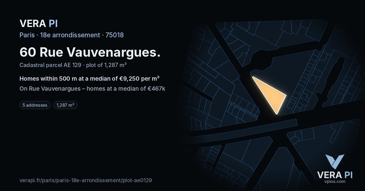 60 Rue Vauvenargues, 18e arrondissement at night – the plot lit, the parcels around coloured by the prices near them