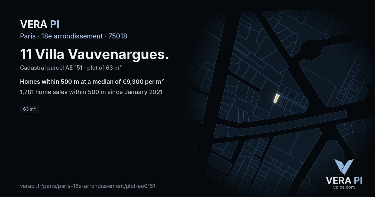 11 Villa Vauvenargues, 18e arrondissement at night – the plot lit, the parcels around coloured by the prices near them