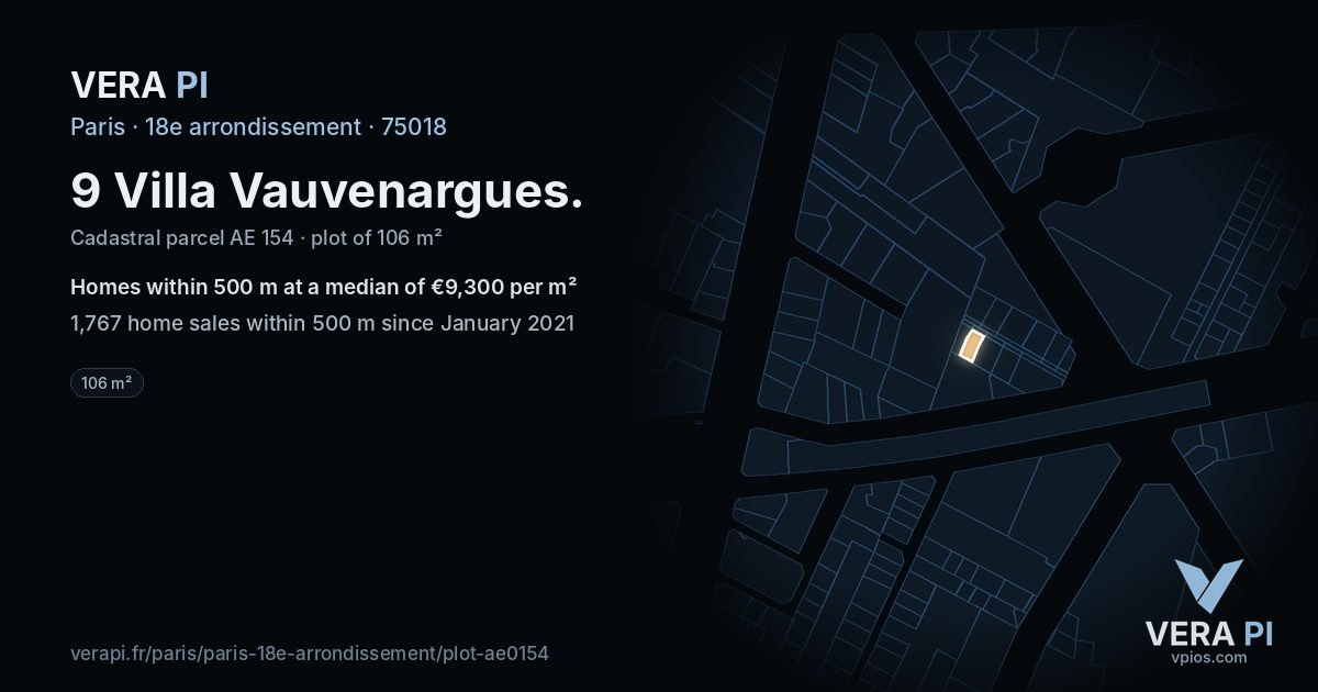 9 Villa Vauvenargues, 18e arrondissement at night – the plot lit, the parcels around coloured by the prices near them