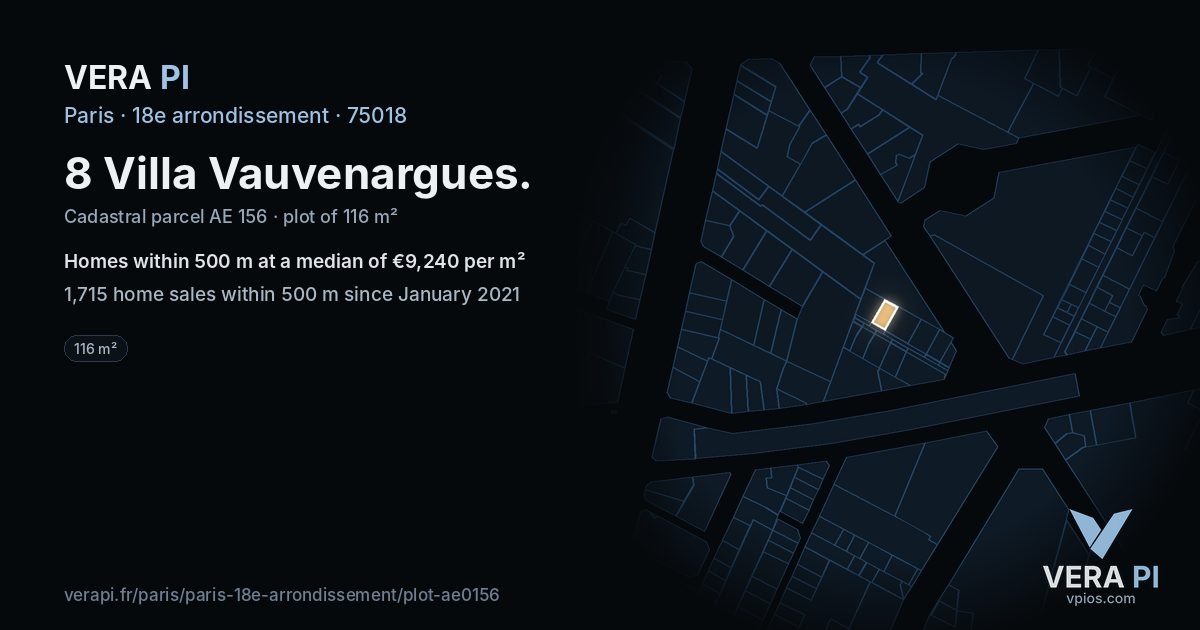 8 Villa Vauvenargues, 18e arrondissement at night – the plot lit, the parcels around coloured by the prices near them
