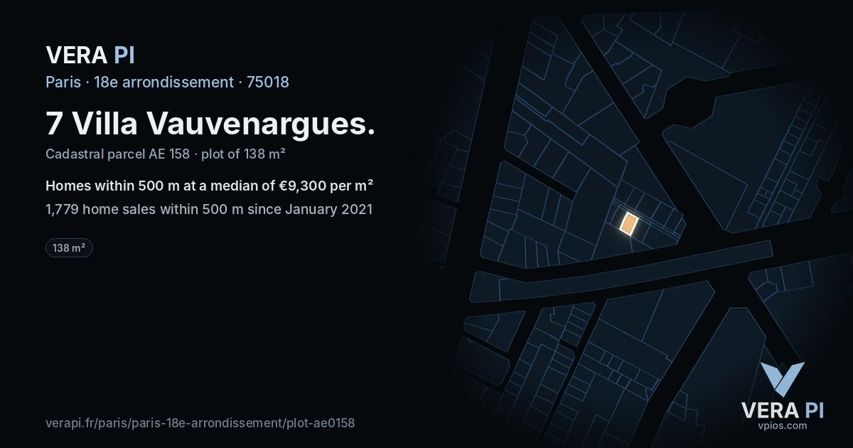 7 Villa Vauvenargues, 18e arrondissement at night – the plot lit, the parcels around coloured by the prices near them