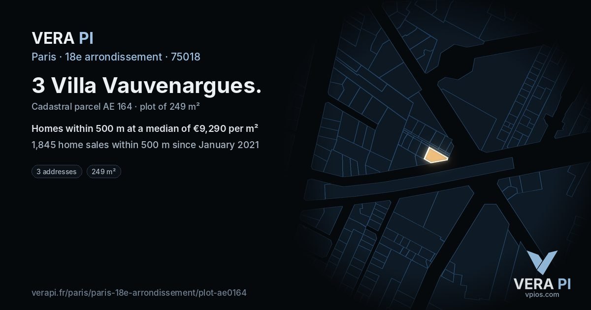 3 Villa Vauvenargues, 18e arrondissement at night – the plot lit, the parcels around coloured by the prices near them