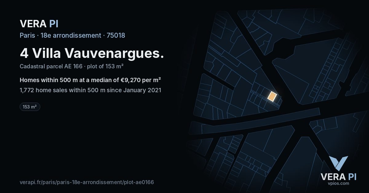 4 Villa Vauvenargues, 18e arrondissement at night – the plot lit, the parcels around coloured by the prices near them