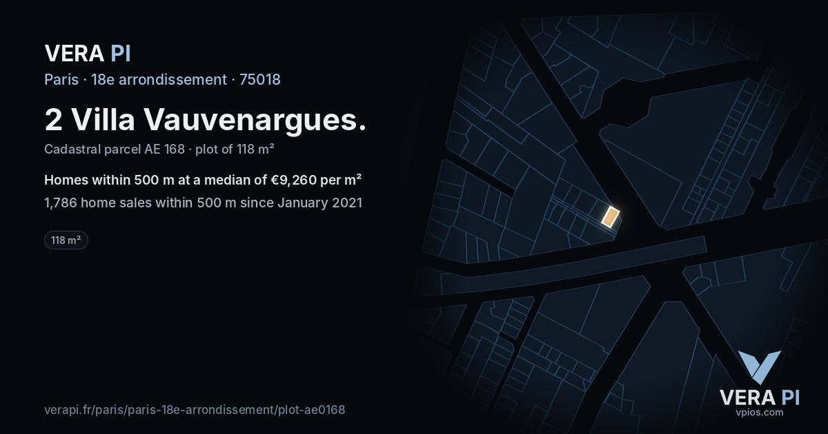 2 Villa Vauvenargues, 18e arrondissement at night – the plot lit, the parcels around coloured by the prices near them