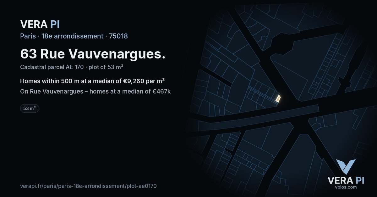63 Rue Vauvenargues, 18e arrondissement at night – the plot lit, the parcels around coloured by the prices near them