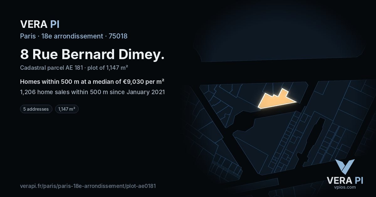 8 Rue Bernard Dimey, 18e arrondissement at night – the plot lit, the parcels around coloured by the prices near them