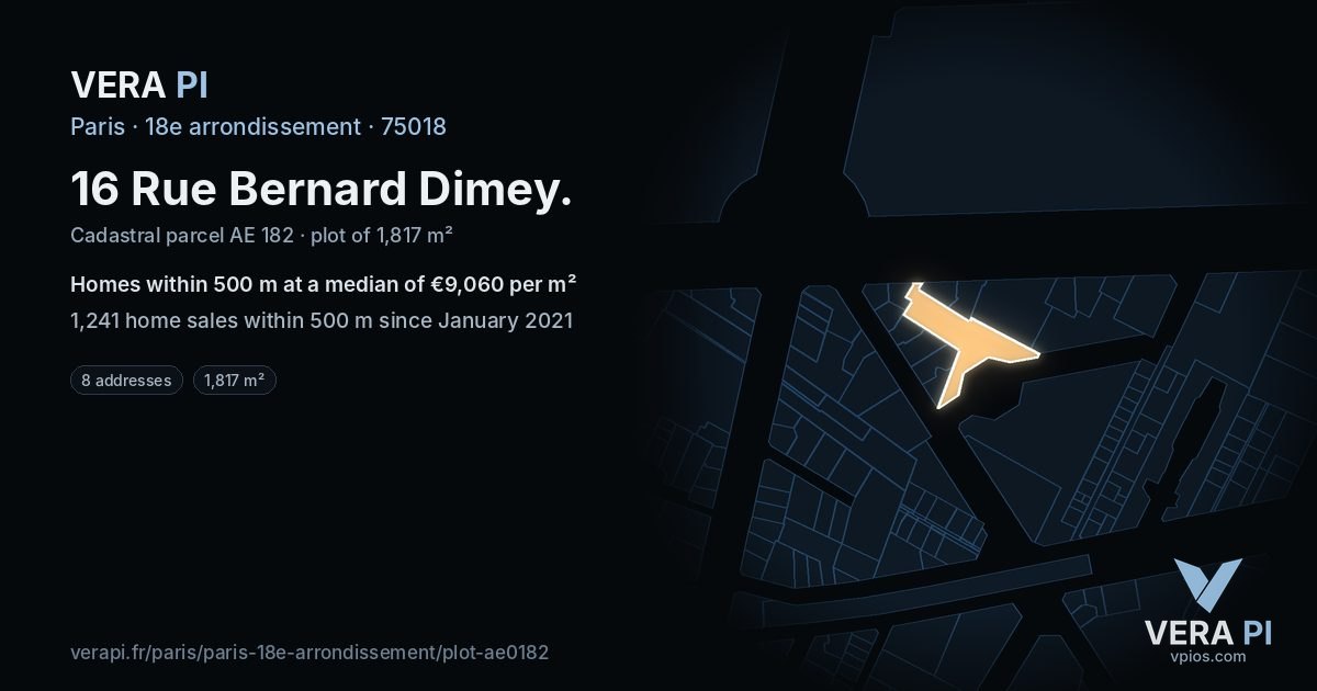 16 Rue Bernard Dimey, 18e arrondissement at night – the plot lit, the parcels around coloured by the prices near them