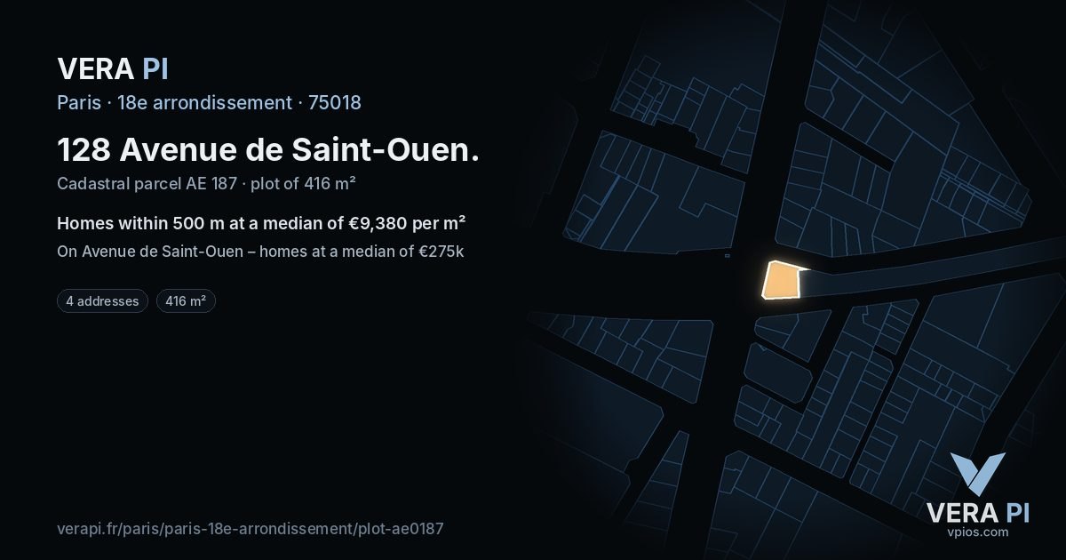 128 Avenue de Saint-Ouen, 18e arrondissement at night – the plot lit, the parcels around coloured by the prices near them