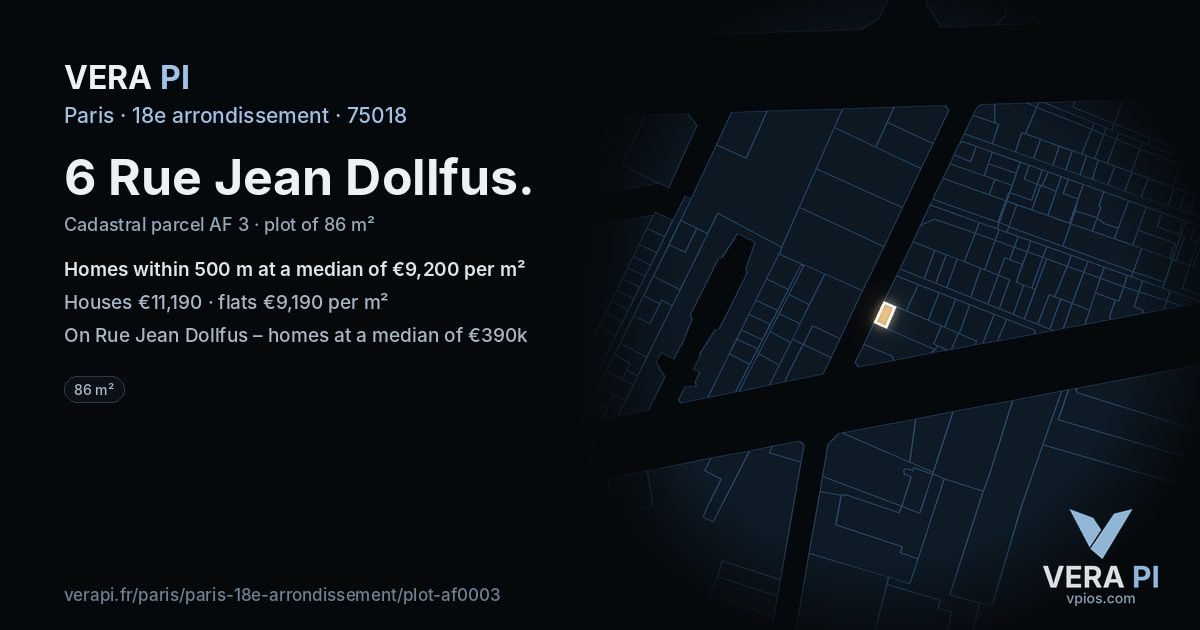 6 Rue Jean Dollfus, 18e arrondissement at night – the plot lit, the parcels around coloured by the prices near them