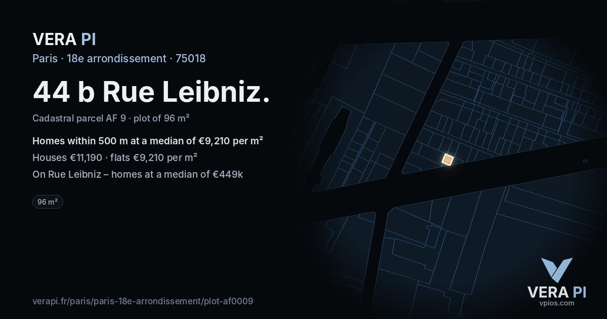 44 b Rue Leibniz, 18e arrondissement at night – the plot lit, the parcels around coloured by the prices near them