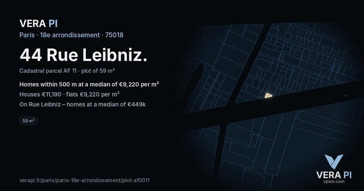 44 Rue Leibniz, 18e arrondissement at night – the plot lit, the parcels around coloured by the prices near them