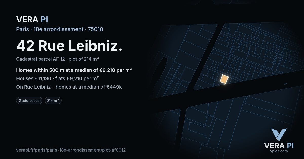 42 Rue Leibniz, 18e arrondissement at night – the plot lit, the parcels around coloured by the prices near them