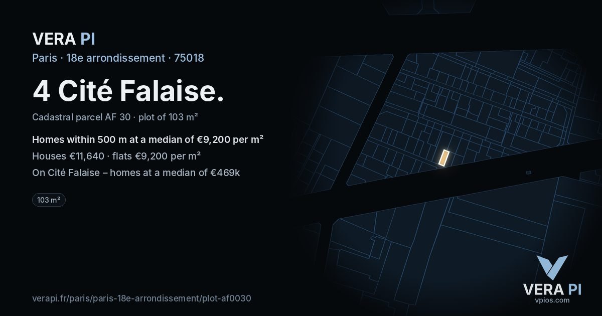 4 Cité Falaise, 18e arrondissement at night – the plot lit, the parcels around coloured by the prices near them