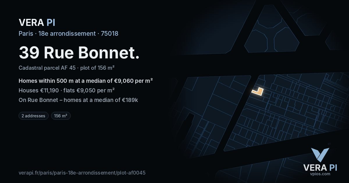 39 Rue Bonnet, 18e arrondissement at night – the plot lit, the parcels around coloured by the prices near them